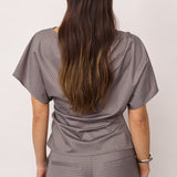 JoveCC Check Pleat Blouse - Light Grey